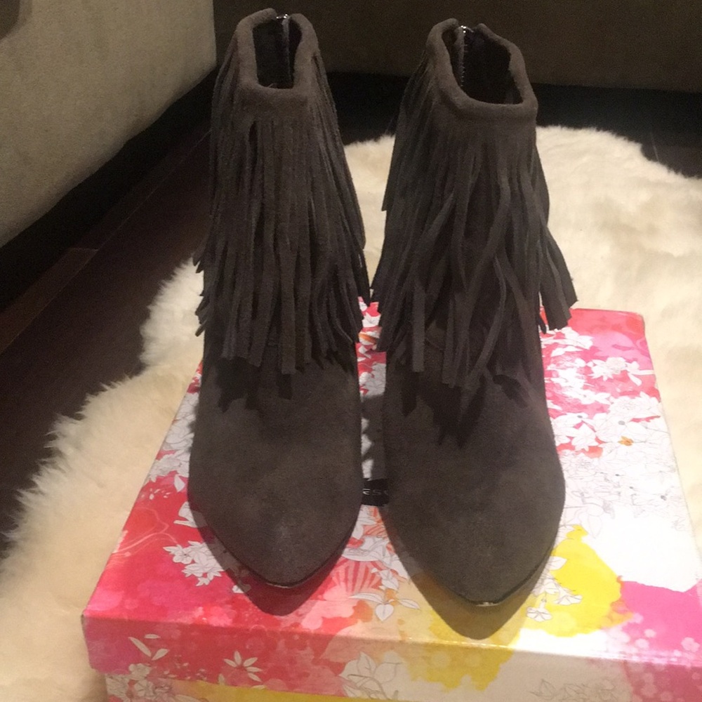 Gray, suede, fringed, wedge booties